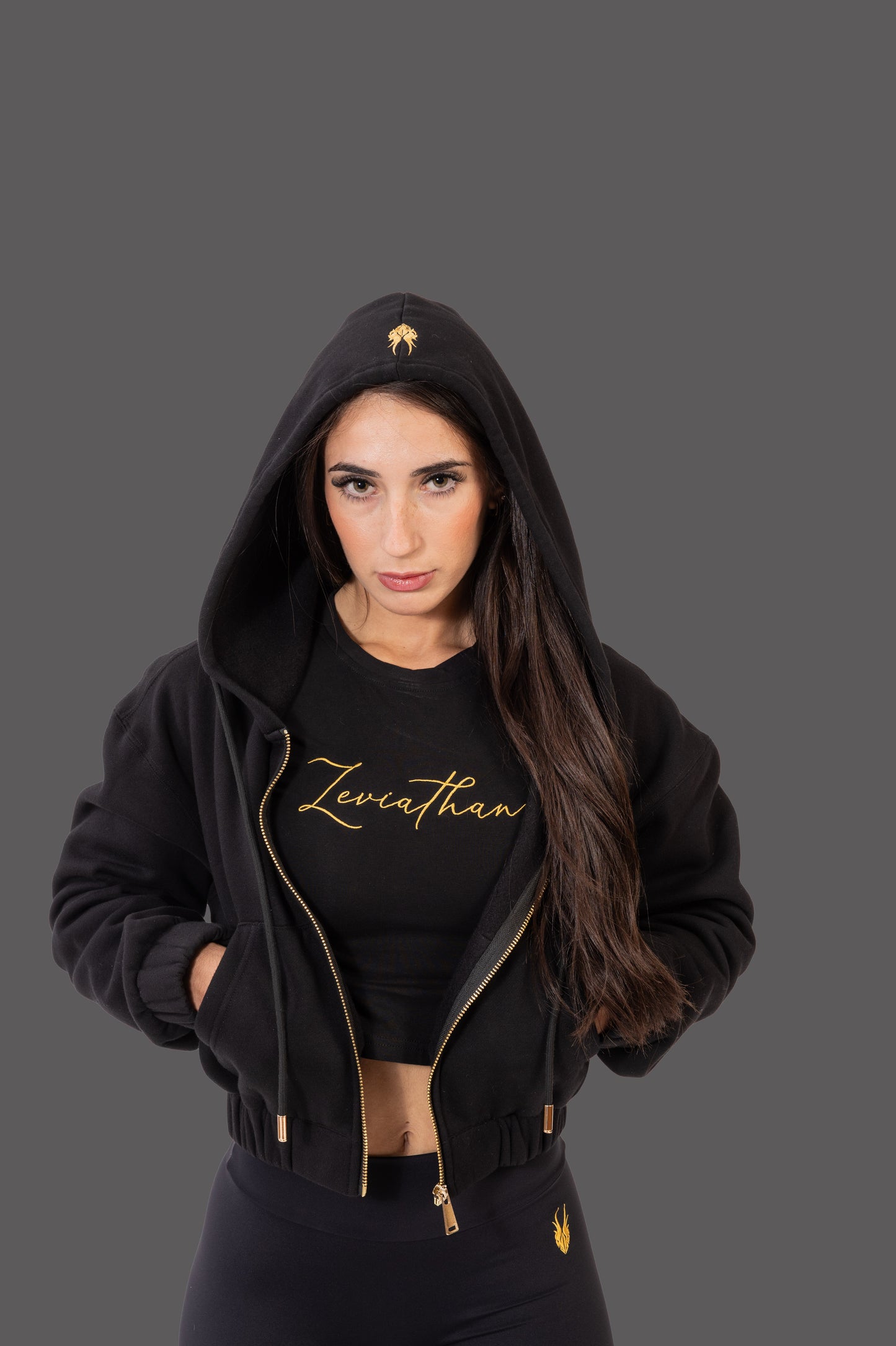 Leviathan | Cropped Zip-Up Hoodie - Black & Gold
