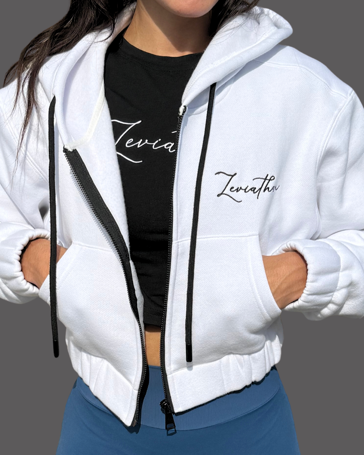 Leviathan | Cropped Zip-Up Hoodie - White & Black