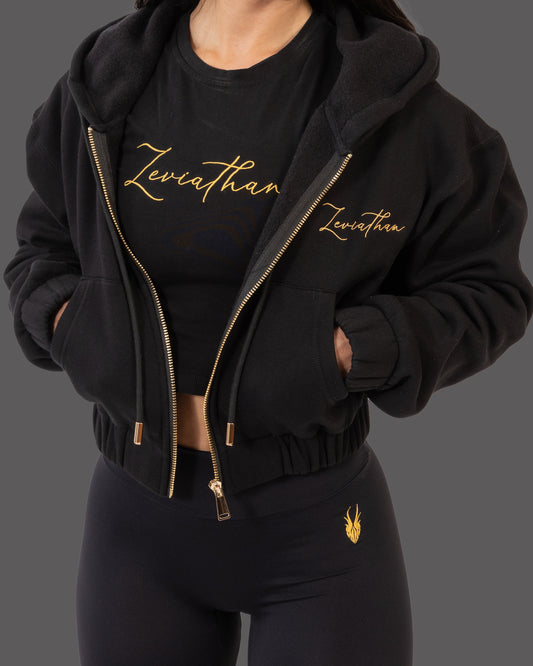 Leviathan | Cropped Zip-Up Hoodie - Black & Gold