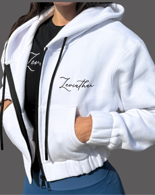 Leviathan | Cropped Zip-Up Hoodie - White & Black